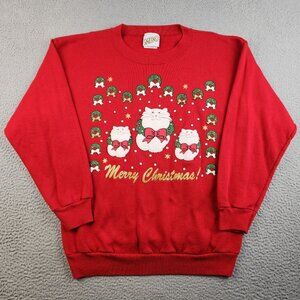 VTG Christmas White Cat Sweatshirt Extra Large Crewneck Sweater Wreathes Granny